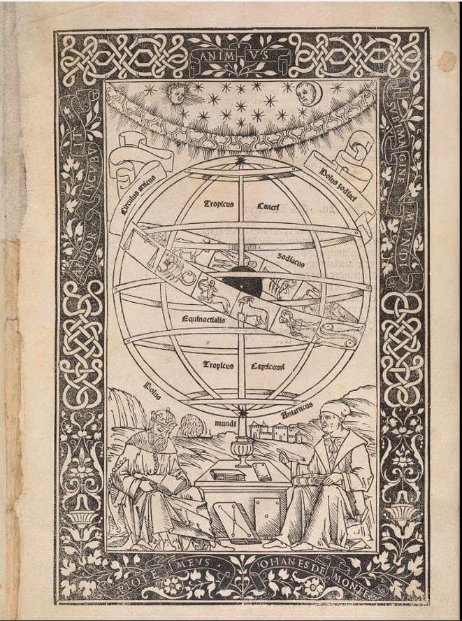 A page from Regiomontanus' Epitome of the Almagest (1496): an engraving of the Ptolemaic celestial sphere with Ptolemy and Regiomontanus seated beneath it