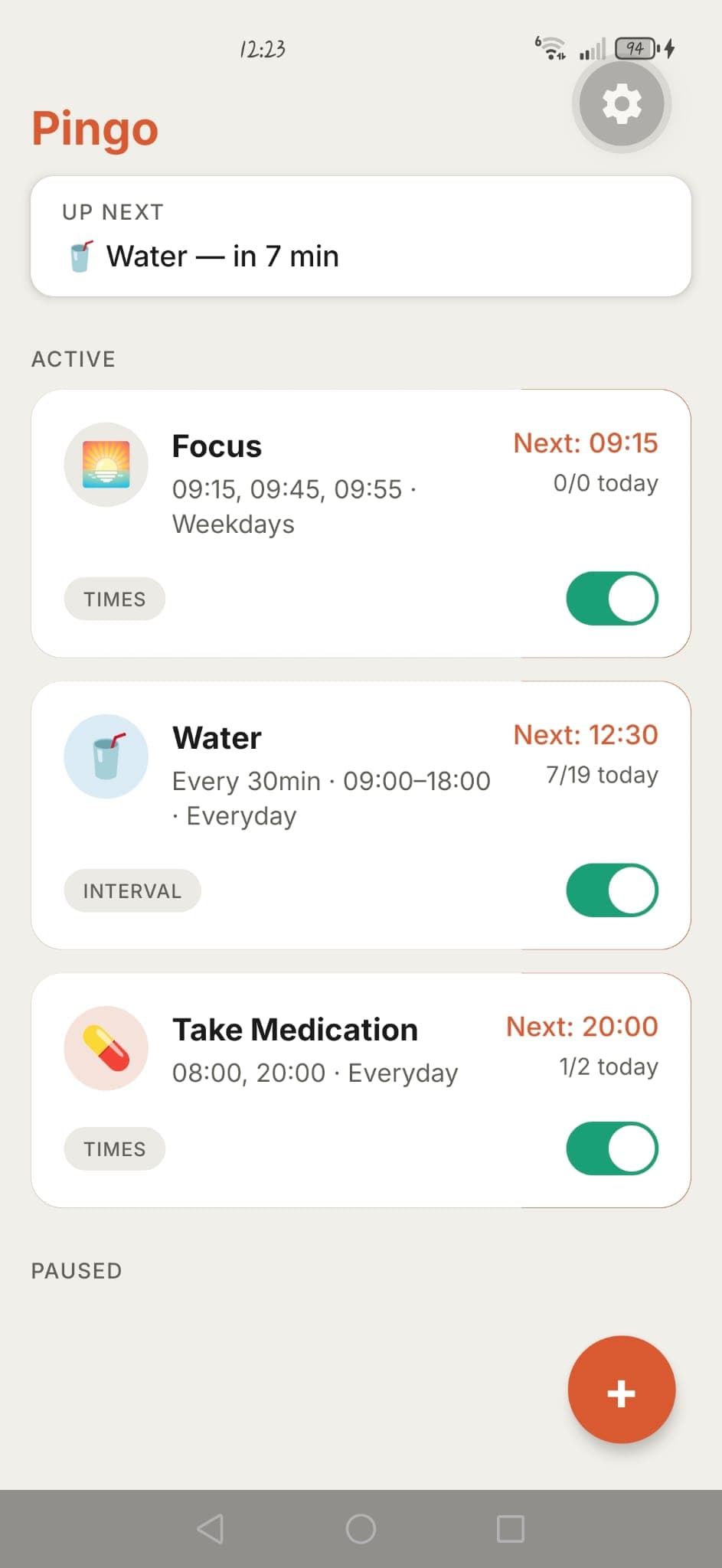 Pingo home screen listing active recurring reminders
